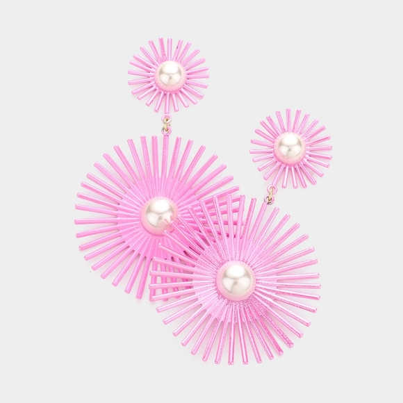 Pink Pearl Spiked 3.25" Abstract Dangle Earrings Fashion Statement Jewelry - Picture 1 of 2